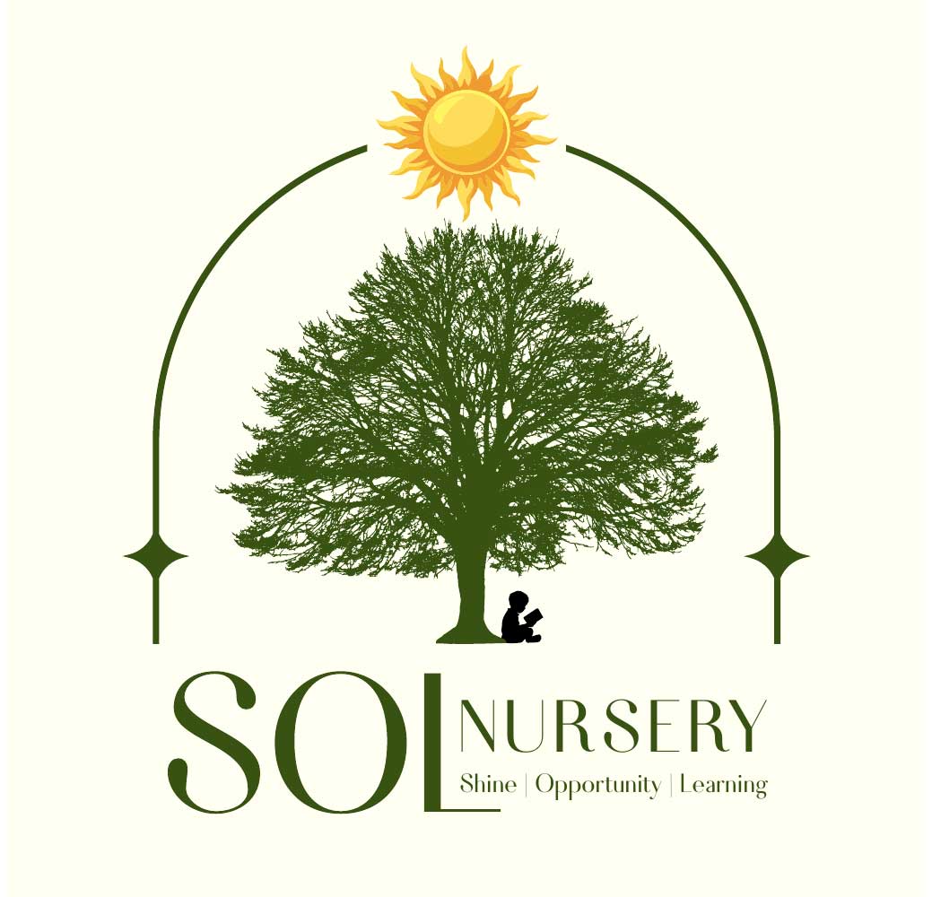 SOL Nursery brand mark featuring a child reading under a tree